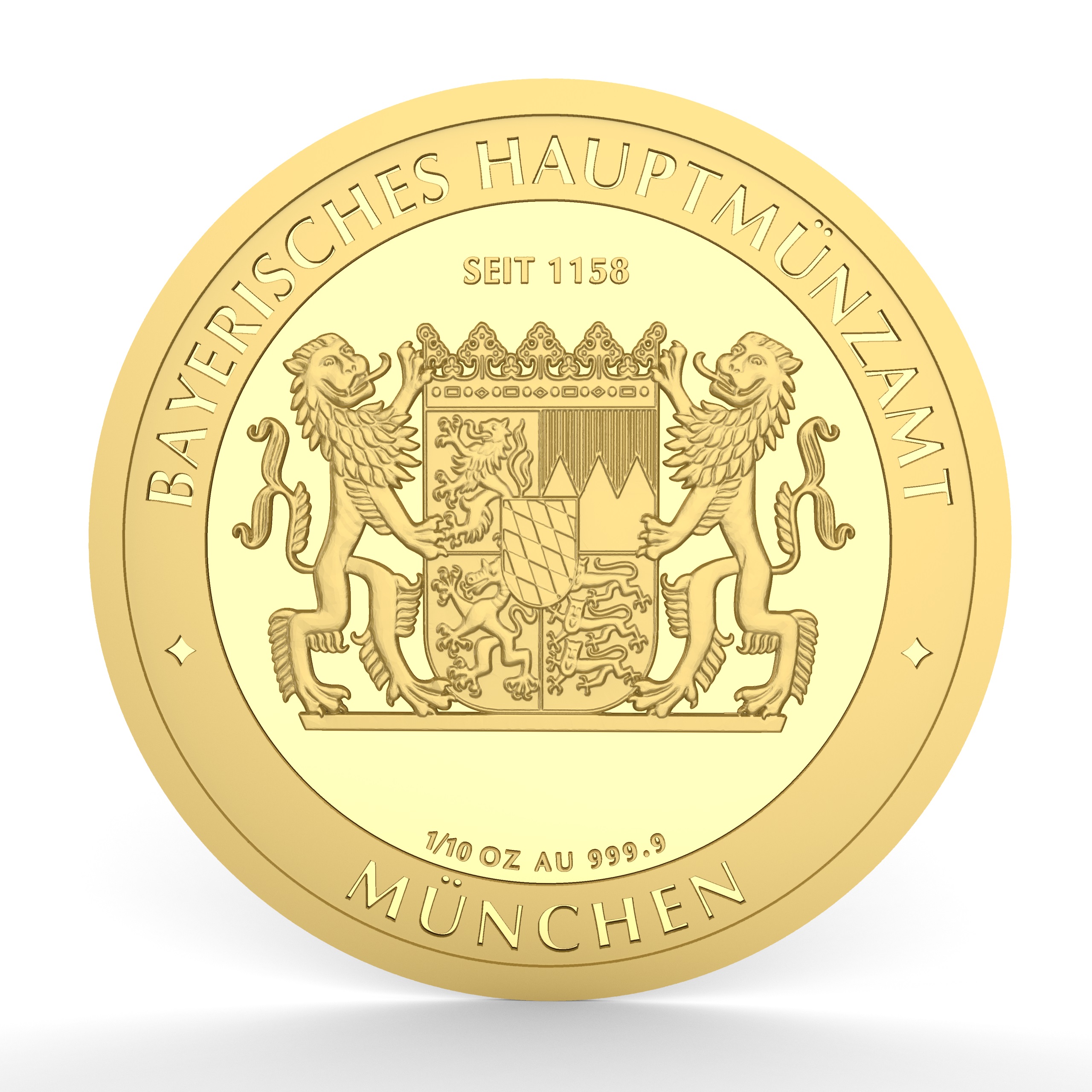 Die Rückseite der "10 Bayern Thaler" in Feingold mit dem bayerischen Staatswappen, das von zwei Löwen gehalten wird. Der Schriftzug "Bayerisches Hauptmünzamt" und die Inschrift "Seit 1158" sind deutlich zu erkennen. Am unteren Rand stehen das Feingewicht "1/10 OZ AU 999.9" und die Prägestätte "München".