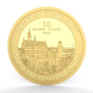 Eine detaillierte Abbildung der Vorderseite der "10 Bayern Thaler" in Gold, die das Schloss Neuschwanstein zeigt. Der Rand trägt die Prägungen "Bavarian State Mint" und "Neuschwanstein Castle". Das Münzstück besteht aus 1/10 Unze Feingold und ist eine ideale Goldanlage.