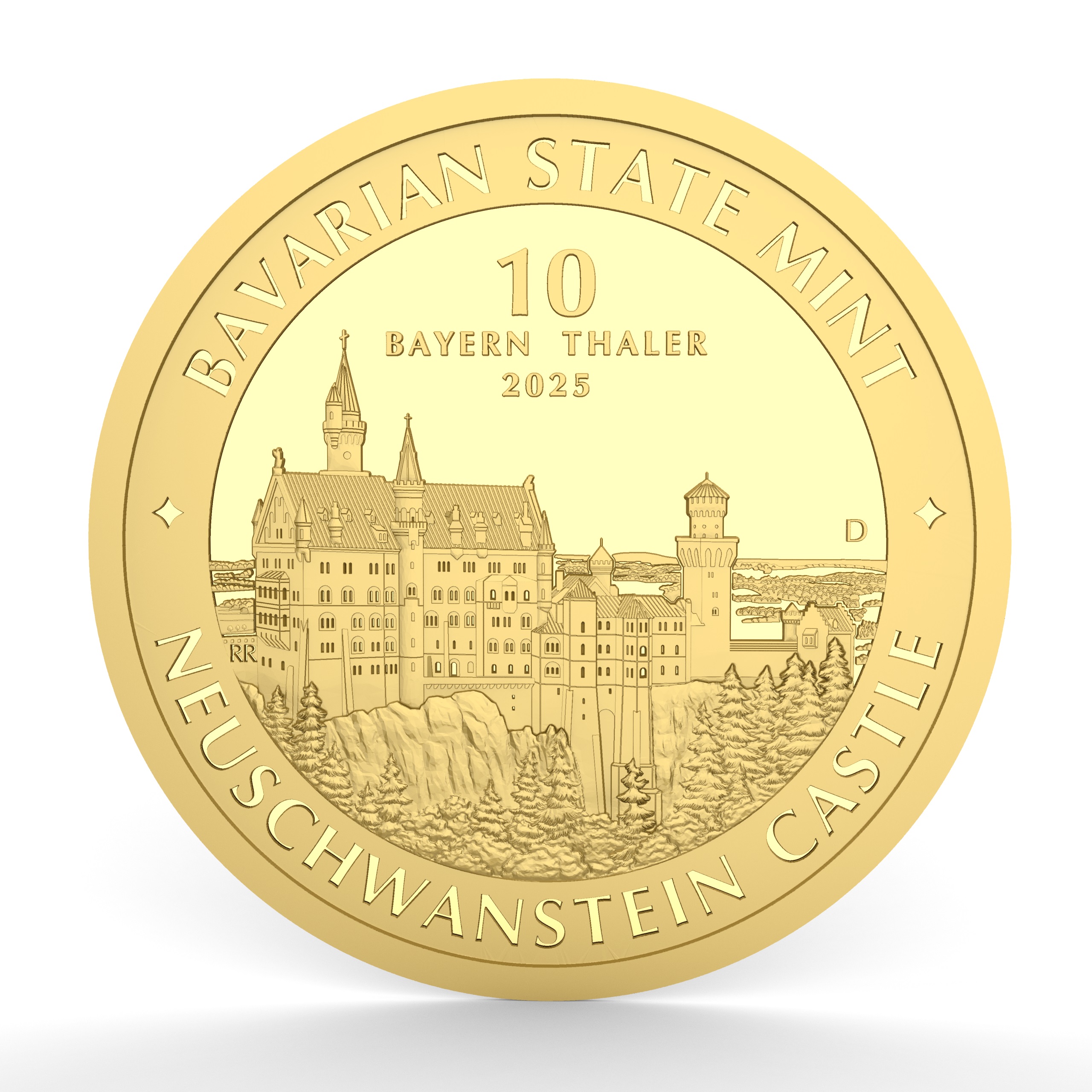 Eine detaillierte Abbildung der Vorderseite der "10 Bayern Thaler" in Gold, die das Schloss Neuschwanstein zeigt. Der Rand trägt die Prägungen "Bavarian State Mint" und "Neuschwanstein Castle". Das Münzstück besteht aus 1/10 Unze Feingold und ist eine ideale Goldanlage.
