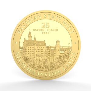 Eine Abbildung der Vorderseite des 25 Bayern Thaler Goldmünzstücks. Es zeigt das Schloss Neuschwanstein, umgeben von den Prägungen "Bavarian State Mint" und "Neuschwanstein Castle". Dieses Münzstück aus 1/4 Unze Gold ist eine wertvolle Kapitalanlage.