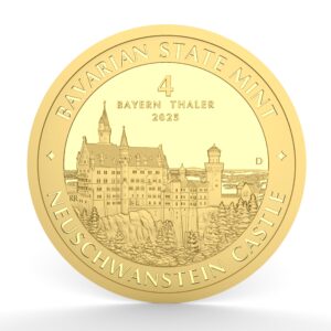 Eine detaillierte Abbildung der "4 Bayern Thaler 2025" in Gold mit der Prägung des Schlosses Neuschwanstein auf der Vorderseite. Am oberen Rand ist der Text "Bavarian State Mint" und am unteren Rand "Neuschwanstein Castle" eingeprägt. Diese Goldanlage aus Deutschland ist ideal für Sammler und Investoren. 1/25 Unze Gold.