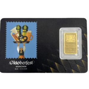 Vorderansicht - Oktoberfest München Motiv des Jahres 2025 mit einem 5g Goldbarren auf einer Scheckkarte