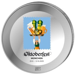 Oktoberfest Medaille - 1 Unze Feinsilber mit geprägtem Motiv des Oktoberfest 2025 und zusätzlich mit Druck veredelt