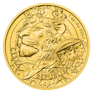 Ansicht auf Goldmünze Czech Lion von vorne, bei weißem Hintergrund. Es ist die Goldmünze mit Löwenkopf aus dem Jahr 2025.