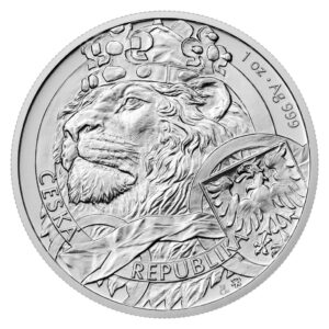 Silber Münze von vorne zu sehen mit weißem Hintergrund. Auf der Silbermünze ragt der Löwenkopf des Czech Lion hervor.