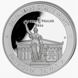 1 bayern Thaler in Silber in Sonderausführung "Patrona Bavaria" auf weiß-grauem Hintergrund.